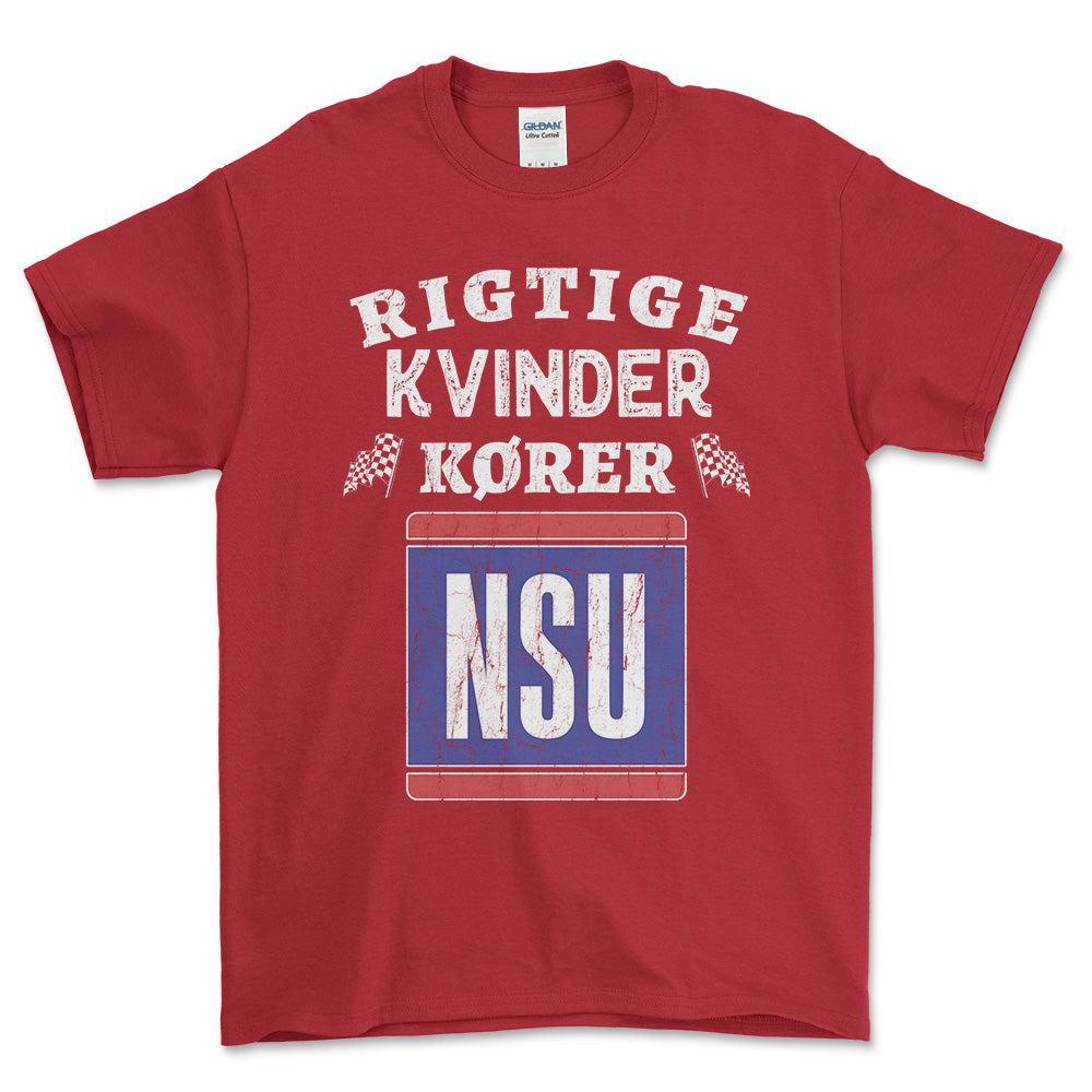 NSU Rigtige Kvinder Kører - Unisex T-Shirt , Bomuld-Beklædning-NSU-Rød-S-Forside-Garage Culture Shop- garage - man cave - merchandise