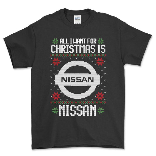 Nissan - All I Want For Christmas - Unisex T-Shirt , Bomuld-Beklædning-Nissan-Sort-S-Forside-Garage Culture Shop- garage - man cave - merchandise