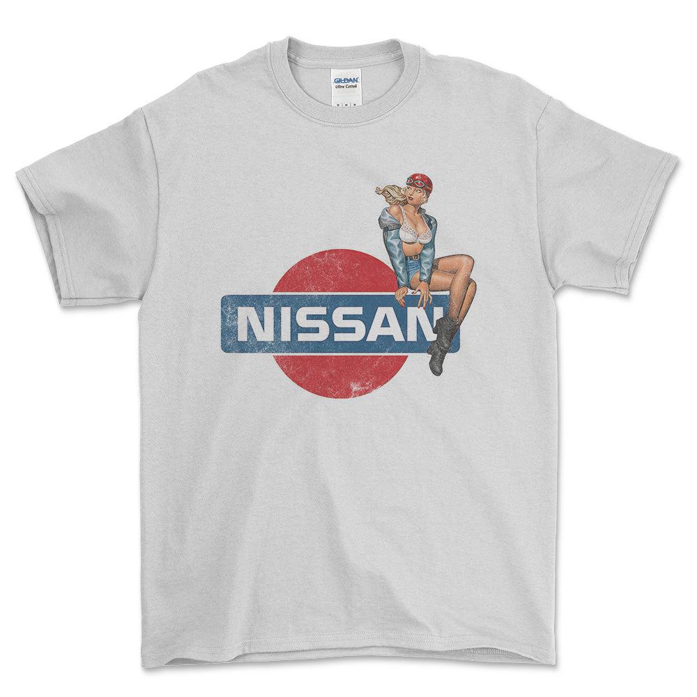 Nissan Pinup - Unisex T-Shirt , Bomuld-Beklædning-Nissan-Hvid-S-Forside-Garage Culture Shop- garage - man cave - merchandise