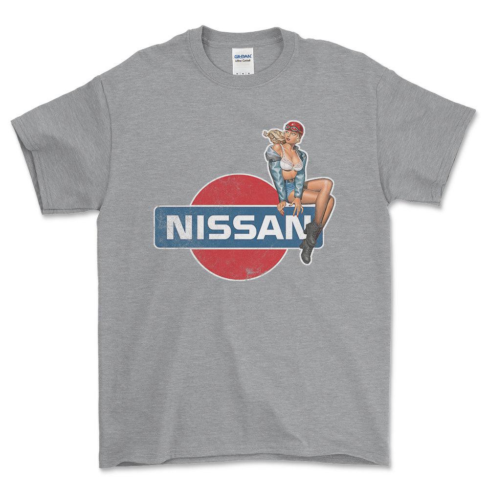 Nissan Pinup - Unisex T-Shirt , Bomuld-Beklædning-Nissan-Grå Sport-S-Forside-Garage Culture Shop- garage - man cave - merchandise