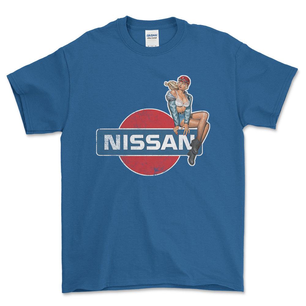 Nissan Pinup - Unisex T-Shirt , Bomuld-Beklædning-Nissan-Blå Royal-S-Forside-Garage Culture Shop- garage - man cave - merchandise