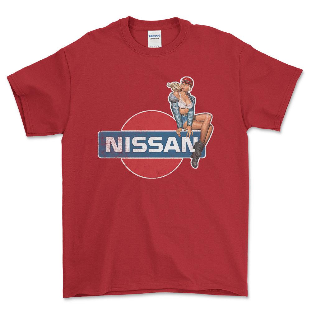 Nissan Pinup - Unisex T-Shirt , Bomuld-Beklædning-Nissan-Rød-S-Forside-Garage Culture Shop- garage - man cave - merchandise