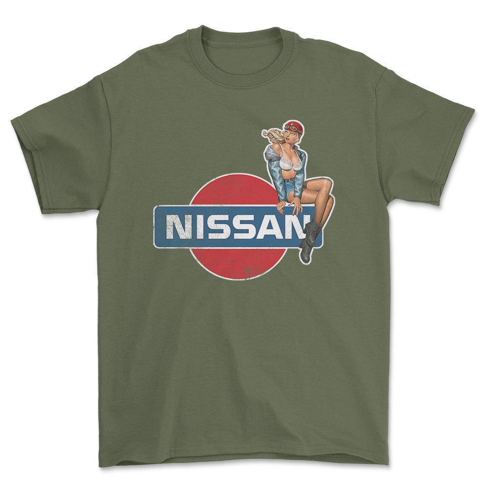 Nissan Pinup - Unisex T-Shirt , Bomuld-Beklædning-Nissan-Grøn Militær-S-Forside-Garage Culture Shop- garage - man cave - merchandise