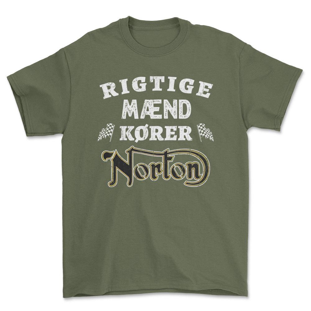 Norton Rigtige Mænd Kører - Unisex T-Shirt , Bomuld-Beklædning-Norton-Grøn Militær-S-Forside-Garage Culture Shop- garage - man cave - merchandise