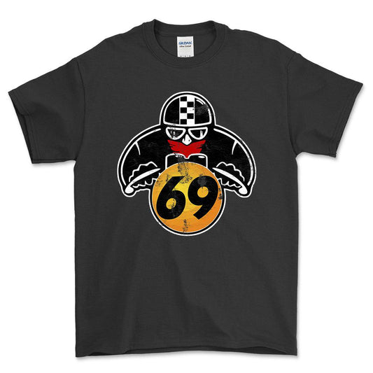 Nr 69 Biker Vintage Style Unisex T-Shirt , Bomuld-Beklædning-Nr-Sort-S-Forside-Garage Culture Shop- garage - man cave - merchandise