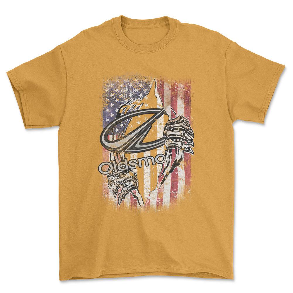 Oldsmobile US Flag Unisex T-Shirt , Bomuld-Beklædning-Oldsmobile-Guld-S-Forside-Garage Culture Shop- garage - man cave - merchandise