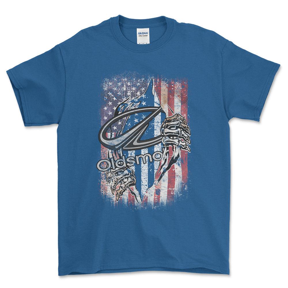 Oldsmobile US Flag Unisex T-Shirt , Bomuld-Beklædning-Oldsmobile-Blå Royal-S-Forside-Garage Culture Shop- garage - man cave - merchandise