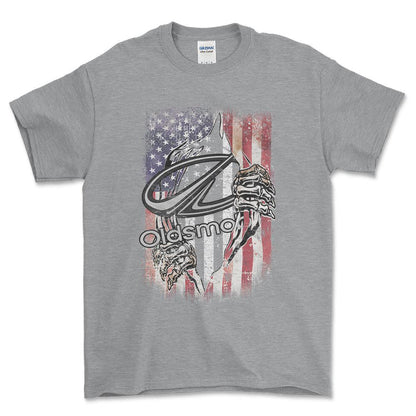 Oldsmobile US Flag Unisex T-Shirt , Bomuld-Beklædning-Oldsmobile-Grå Sport-S-Forside-Garage Culture Shop- garage - man cave - merchandise