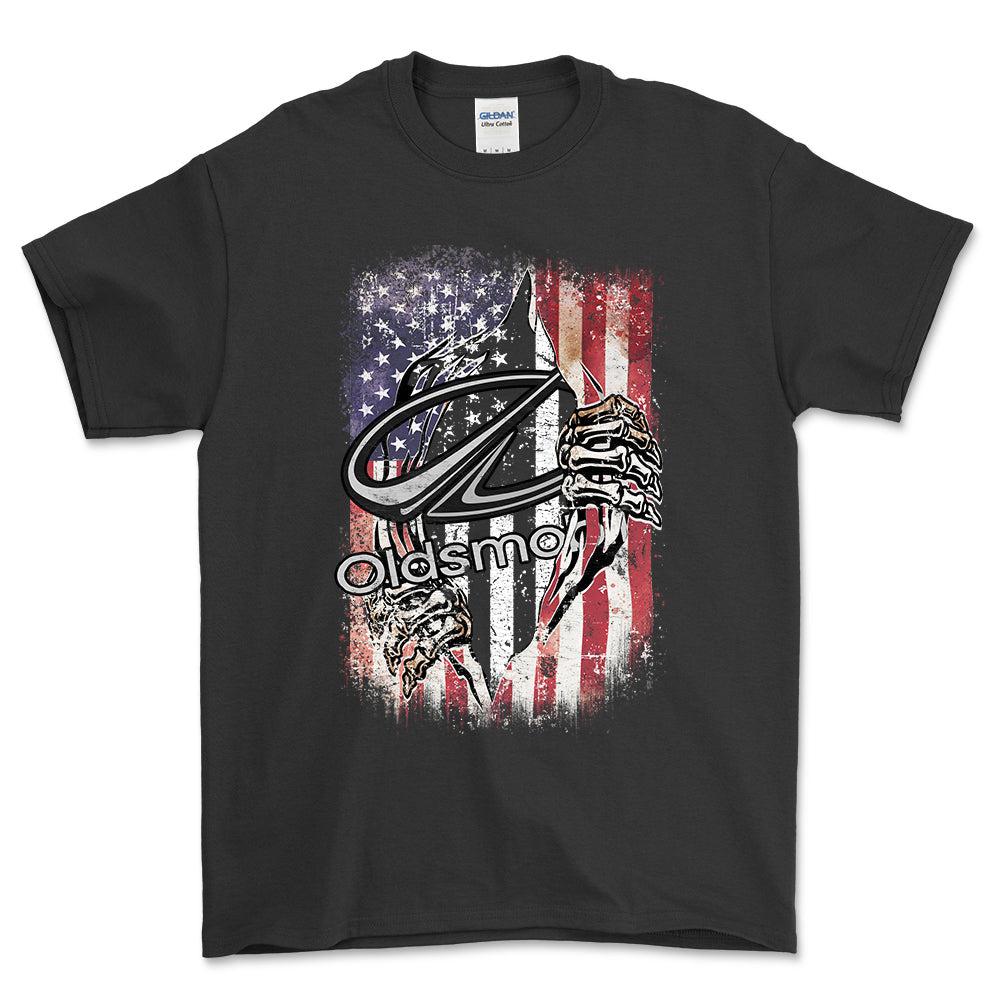 Oldsmobile US Flag Unisex T-Shirt , Bomuld-Beklædning-Oldsmobile-Sort-S-Forside-Garage Culture Shop- garage - man cave - merchandise