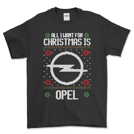 Opel - All I Want For Christmas - Unisex T-Shirt , Bomuld-Beklædning-Opel-Sort-S-Forside-Garage Culture Shop- garage - man cave - merchandise