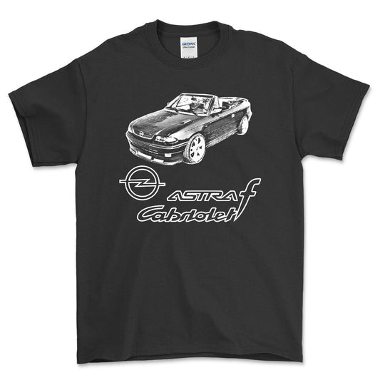 Opel - Opel Astra F Cabrio Unisex T-Shirt , Bomuld-Beklædning-Opel-Sort-S-Forside-Garage Culture Shop- garage - man cave - merchandise