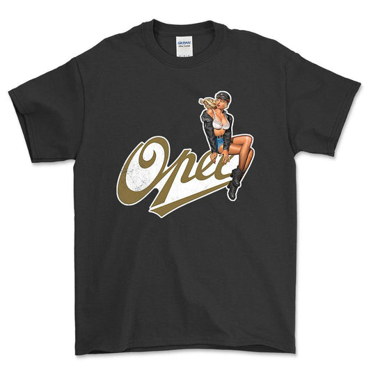 Opel Pinup - Unisex T-Shirt , Bomuld-Beklædning-Opel-Sort-S-Forside-Garage Culture Shop- garage - man cave - merchandise