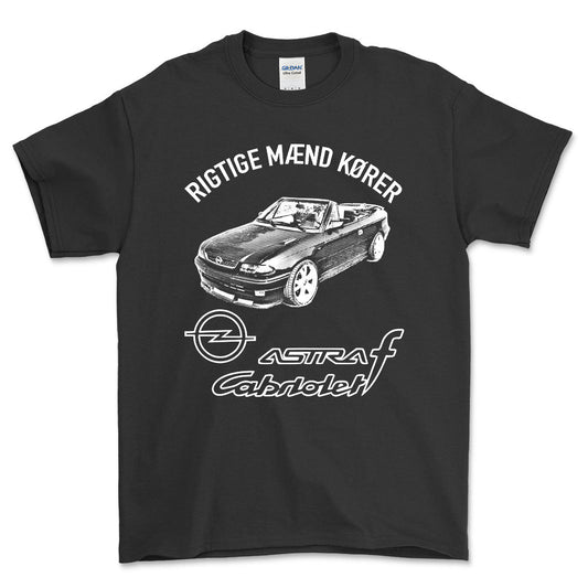 Opel - Rigtige Mænd Kører Opel Astra F Cabrio Unisex T-Shirt , Bomuld-Beklædning-Opel-Sort-S-Forside-Garage Culture Shop- garage - man cave - merchandise