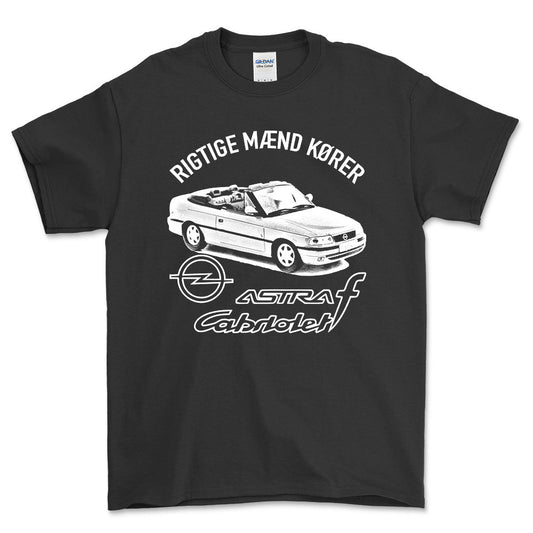 Opel - Rigtige Mænd Kører Opel Astra F Cabrio Unisex T-Shirt , Bomuld-Beklædning-Opel-Sort-S-Forside-Garage Culture Shop- garage - man cave - merchandise