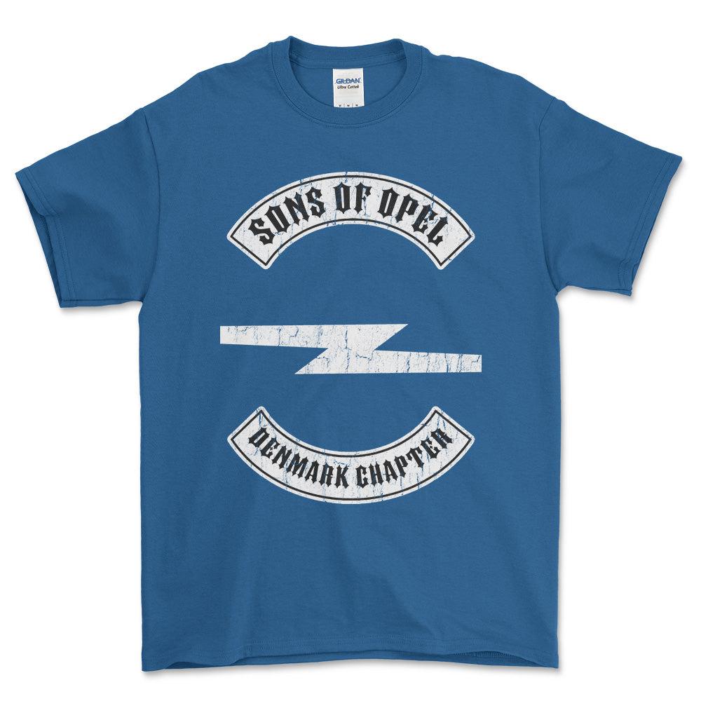 Opel Sons Of Opel Denmark Chapter Unisex T-Shirt , Bomuld-Beklædning-Opel-Blå Royal-S-Forside-Garage Culture Shop- garage - man cave - merchandise