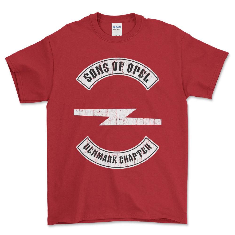 Opel Sons Of Opel Denmark Chapter Unisex T-Shirt , Bomuld-Beklædning-Opel-Rød-S-Forside-Garage Culture Shop- garage - man cave - merchandise