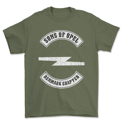 Opel Sons Of Opel Denmark Chapter Unisex T-Shirt , Bomuld-Beklædning-Opel-Grøn Militær-S-Forside-Garage Culture Shop- garage - man cave - merchandise