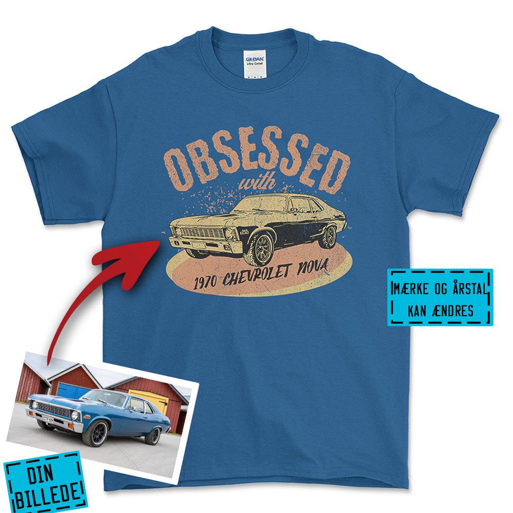 Personlig - Obsessed With My Car/Motorcycle - Med Din Bil MC Billede Unisex T-Shirt , Bomuld-Beklædning-Garage Culture-Blå Royal-S-Forside-Garage Culture Shop- garage - man cave - merchandise