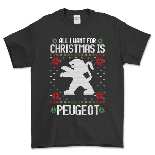 Peugeot - All I Want For Christmas - Unisex T-Shirt , Bomuld-Beklædning-Peugeot-Sort-S-Forside-Garage Culture Shop- garage - man cave - merchandise