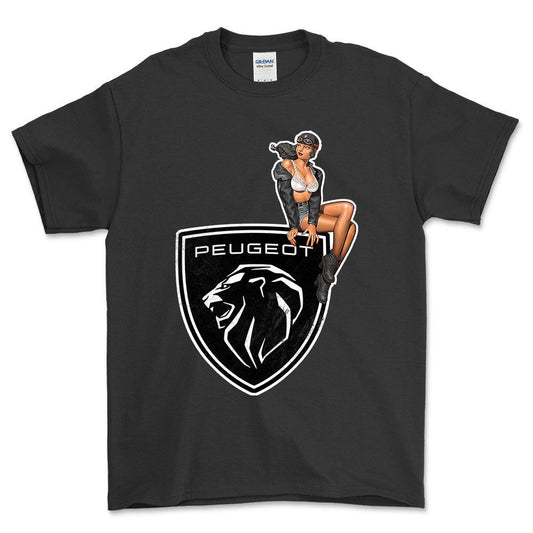 Peugeot Pinup - Unisex T-Shirt , Bomuld-Beklædning-Peugeot-Sort-S-Forside-Garage Culture Shop- garage - man cave - merchandise