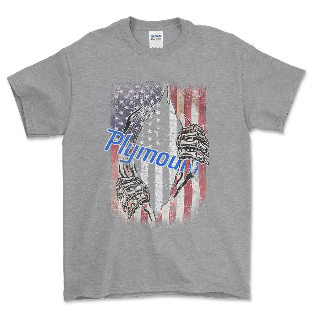 Plymouth US Flag Unisex T-Shirt , Bomuld-Beklædning-Plymouth-Grå Sport-S-Forside-Garage Culture Shop- garage - man cave - merchandise