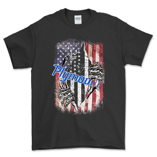 Plymouth US Flag Unisex T-Shirt , Bomuld-Beklædning-Plymouth-Sort-S-Forside-Garage Culture Shop- garage - man cave - merchandise