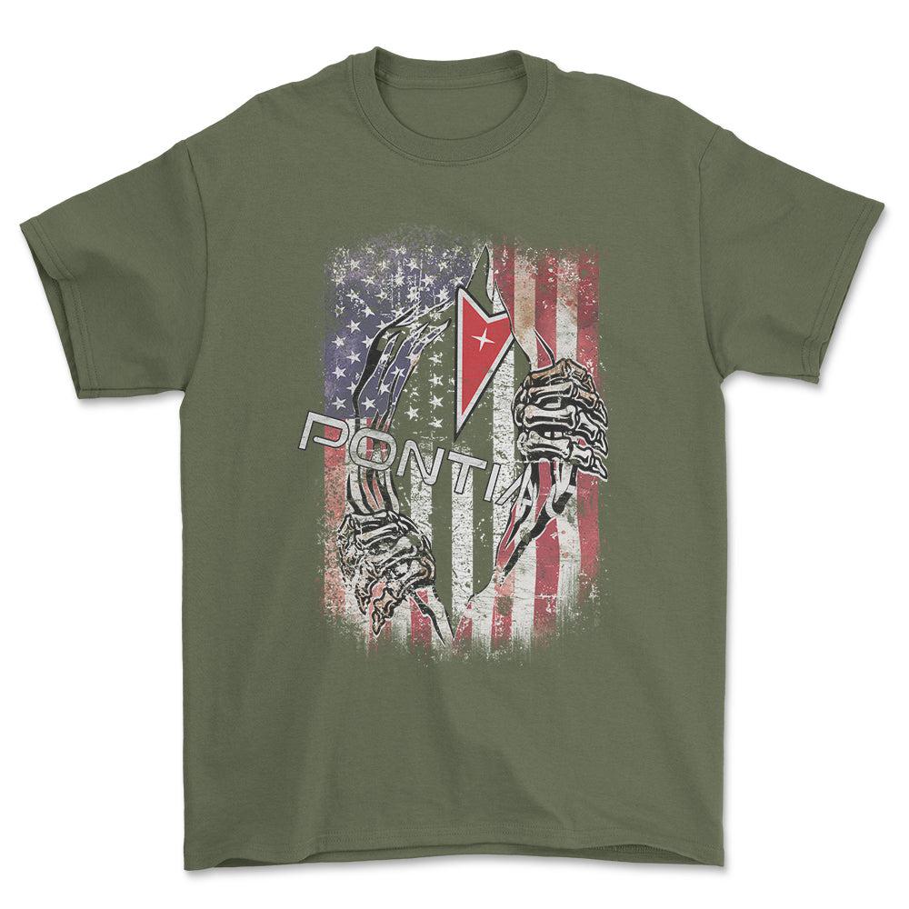 Pontiac US Flag Unisex T-Shirt , Bomuld-Beklædning-Pontiac-Grøn Militær-S-Forside-Garage Culture Shop- garage - man cave - merchandise