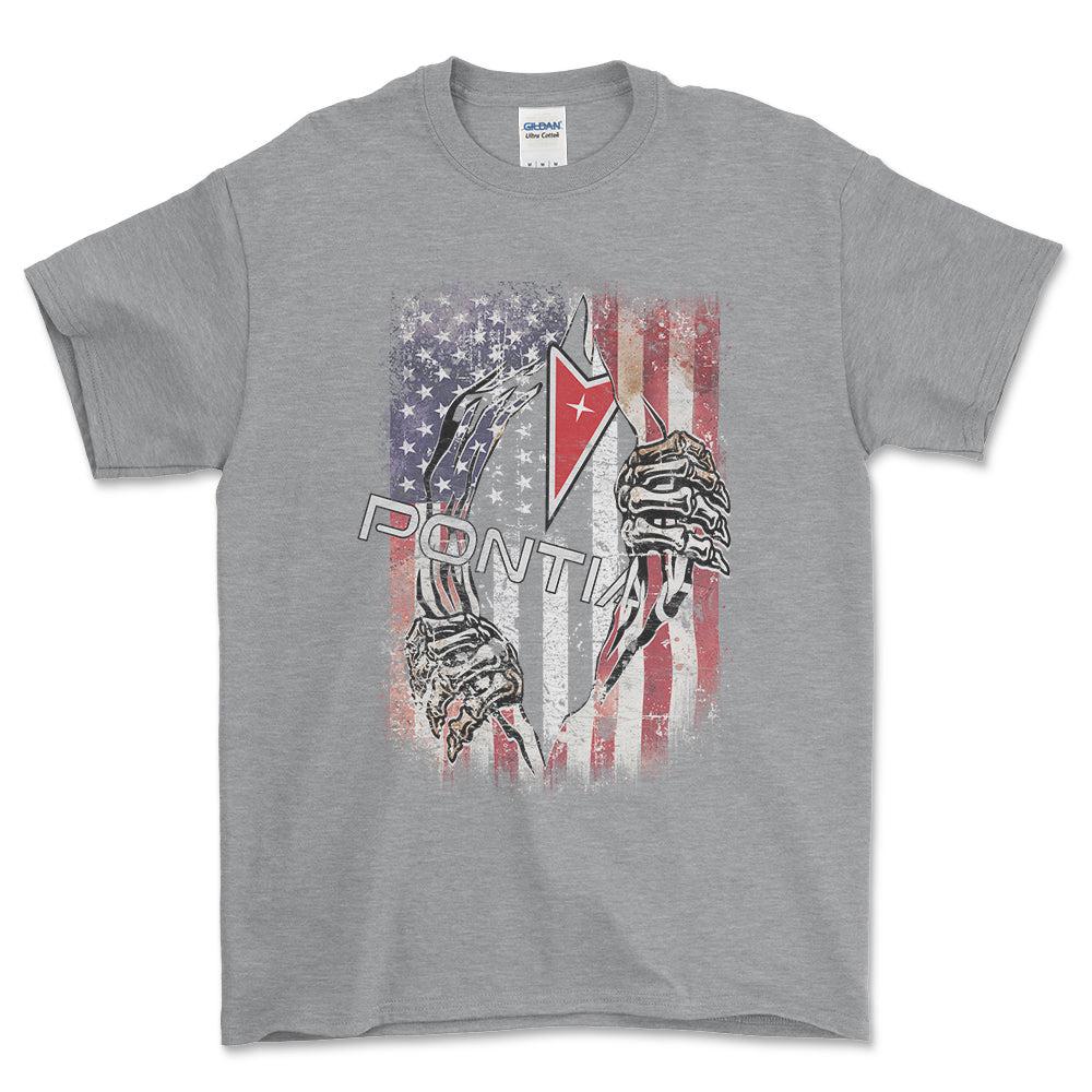 Pontiac US Flag Unisex T-Shirt , Bomuld-Beklædning-Pontiac-Grå Sport-S-Forside-Garage Culture Shop- garage - man cave - merchandise