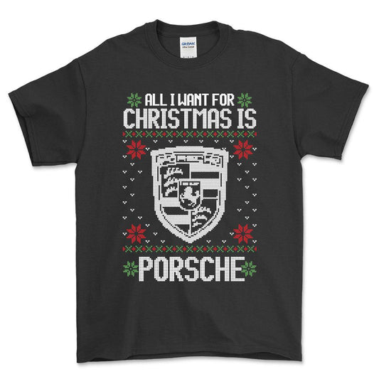 Porsche - All I Want For Christmas - Unisex T-Shirt , Bomuld-Beklædning-Porsche-Sort-S-Forside-Garage Culture Shop- garage - man cave - merchandise