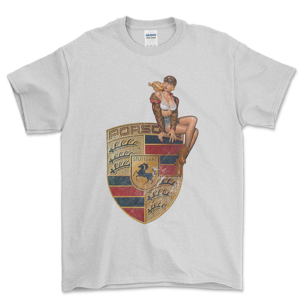 Porsche Pinup - Unisex T-Shirt , Bomuld-Beklædning-Porsche-Hvid-S-Forside-Garage Culture Shop- garage - man cave - merchandise