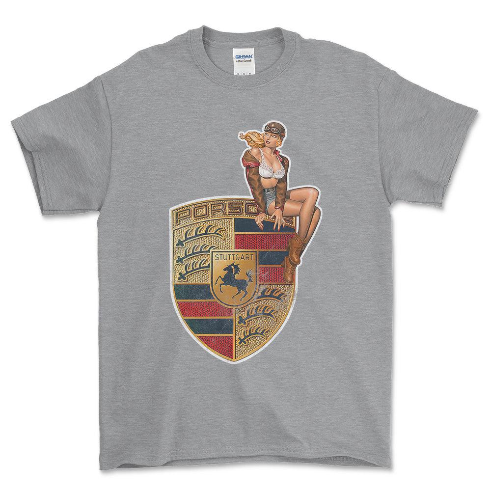 Porsche Pinup - Unisex T-Shirt , Bomuld-Beklædning-Porsche-Grå Sport-S-Forside-Garage Culture Shop- garage - man cave - merchandise