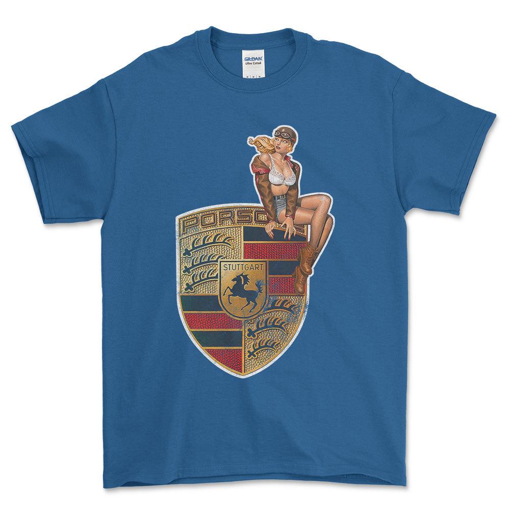 Porsche Pinup - Unisex T-Shirt , Bomuld-Beklædning-Porsche-Blå Royal-S-Forside-Garage Culture Shop- garage - man cave - merchandise