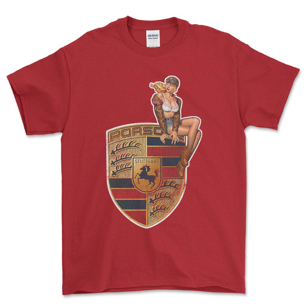 Porsche Pinup - Unisex T-Shirt , Bomuld-Beklædning-Porsche-Rød-S-Forside-Garage Culture Shop- garage - man cave - merchandise