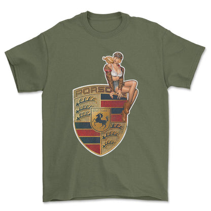 Porsche Pinup - Unisex T-Shirt , Bomuld-Beklædning-Porsche-Grøn Militær-S-Forside-Garage Culture Shop- garage - man cave - merchandise