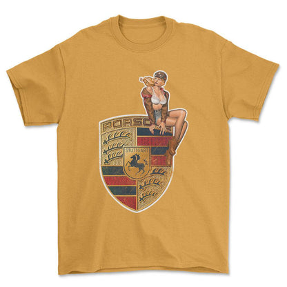 Porsche Pinup - Unisex T-Shirt , Bomuld-Beklædning-Porsche-Guld-S-Forside-Garage Culture Shop- garage - man cave - merchandise