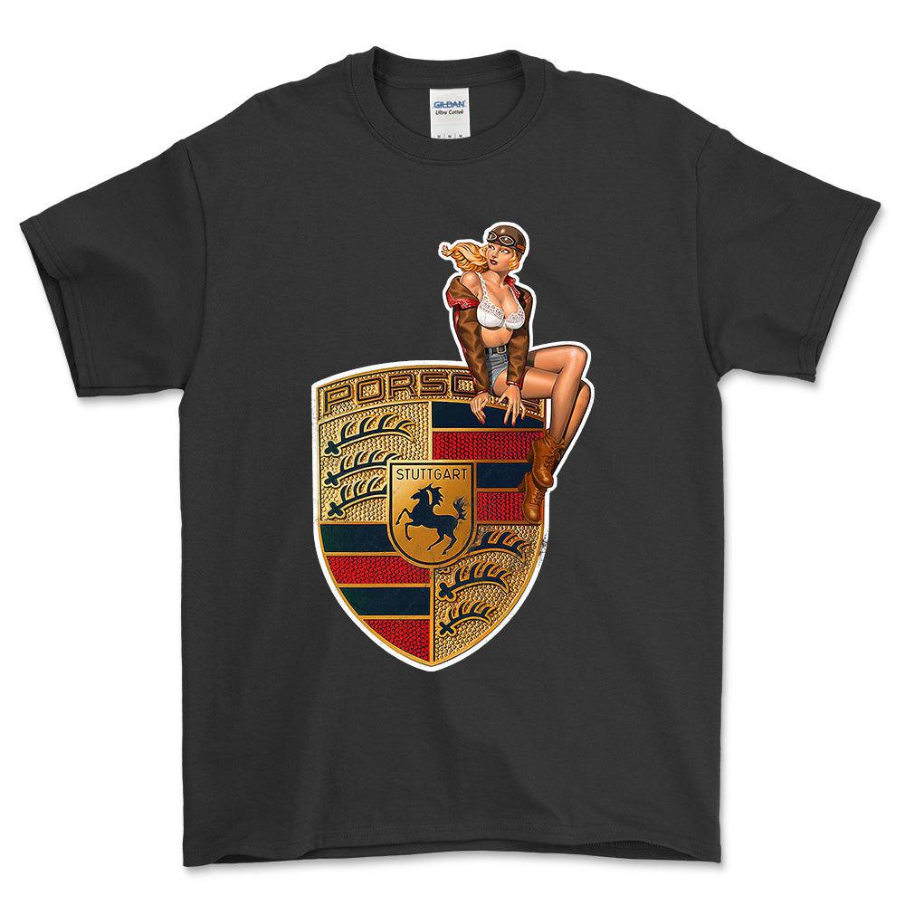 Porsche Pinup - Unisex T-Shirt , Bomuld-Beklædning-Porsche-Sort-S-Forside-Garage Culture Shop- garage - man cave - merchandise