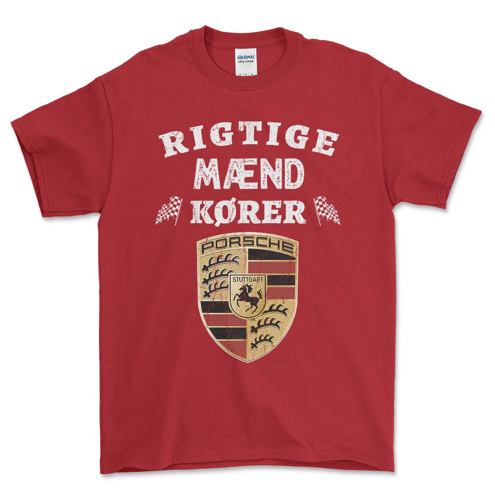 Porsche Rigtige Mænd Kører - Unisex T-Shirt , Bomuld-Beklædning-Porsche-Rød-S-Forside-Garage Culture Shop- garage - man cave - merchandise