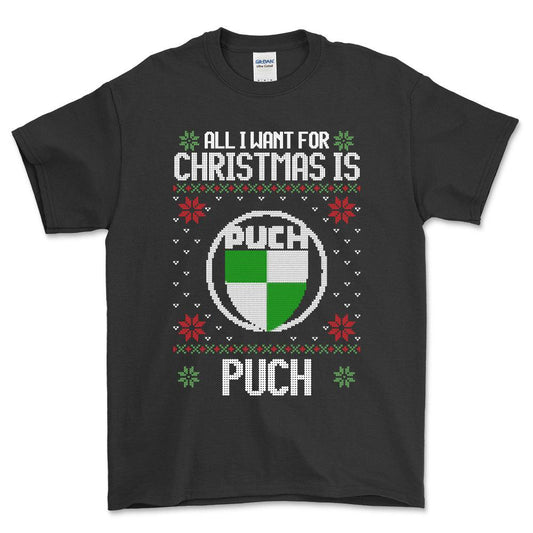 Puch - All I Want For Christmas - Unisex T-Shirt , Bomuld-Beklædning-Puch-Sort-S-Forside-Garage Culture Shop- garage - man cave - merchandise