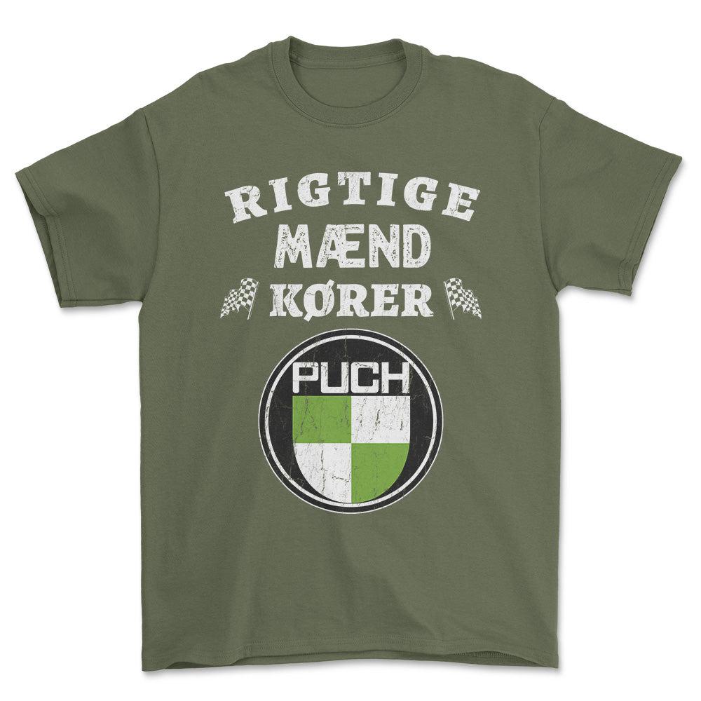 Puch Rigtige Mænd Kører - Unisex T-Shirt , Bomuld-Beklædning-Puch-Grøn Militær-S-Forside-Garage Culture Shop- garage - man cave - merchandise