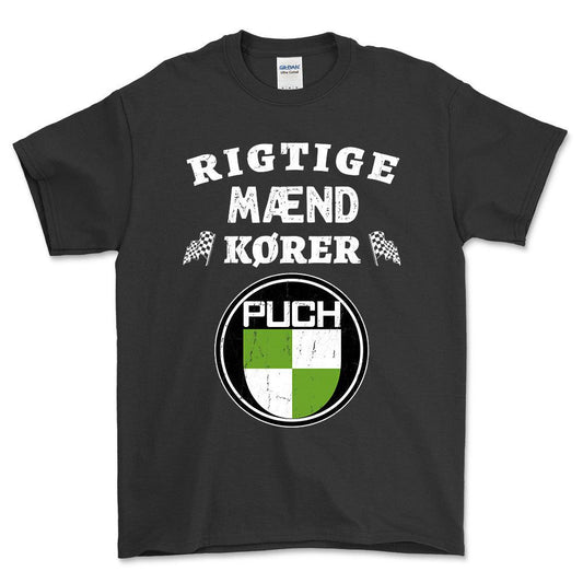 Puch Rigtige Mænd Kører - Unisex T-Shirt , Bomuld-Beklædning-Puch-Sort-S-Forside-Garage Culture Shop- garage - man cave - merchandise