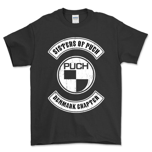 Puch - Sisters Of Puch Denmark Chapter Unisex T-Shirt , Bomuld-Beklædning-Puch-Sort-S-Forside-Garage Culture Shop- garage - man cave - merchandise