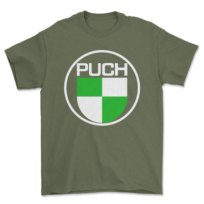 Puch Unisex T-Shirt , Bomuld-Beklædning-Puch-Grøn Militær-S-Forside-Garage Culture Shop- garage - man cave - merchandise