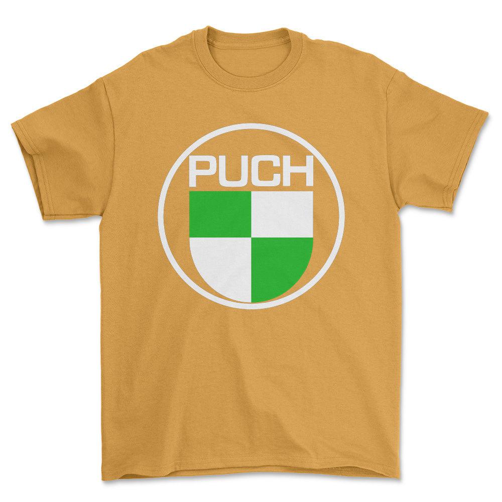 Puch Unisex T-Shirt , Bomuld-Beklædning-Puch-Guld-S-Forside-Garage Culture Shop- garage - man cave - merchandise