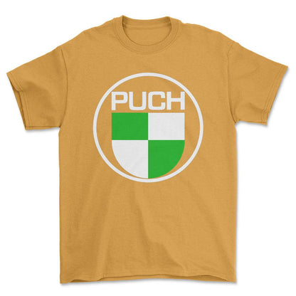 Puch Unisex T-Shirt , Bomuld-Beklædning-Puch-Guld-S-Forside-Garage Culture Shop- garage - man cave - merchandise