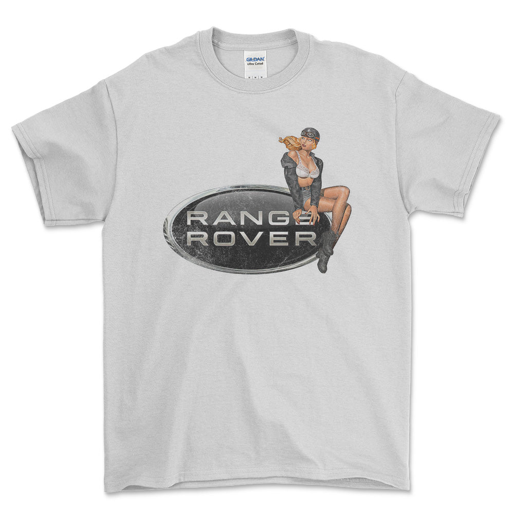 Range Rover Pinup - Unisex T-Shirt , Bomuld-Beklædning-Range Rover-Hvid-S-Forside-Garage Culture Shop- garage - man cave - merchandise