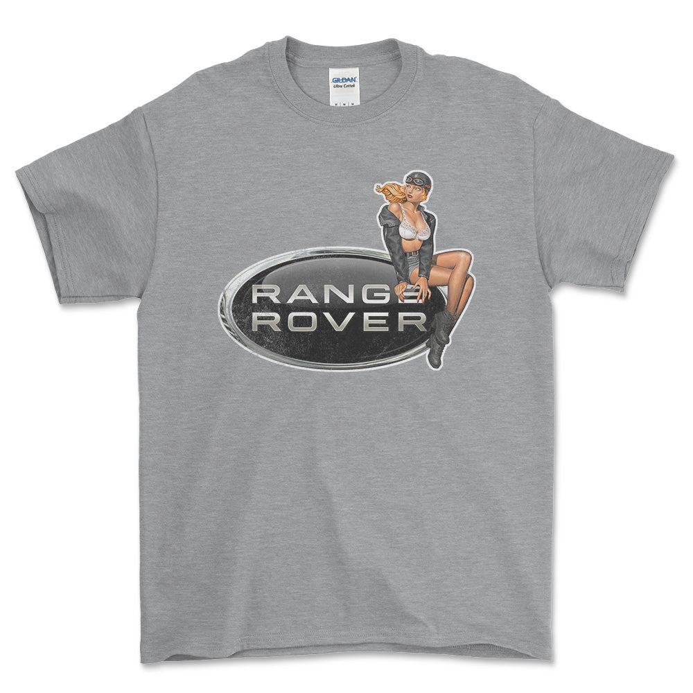 Range Rover Pinup - Unisex T-Shirt , Bomuld-Beklædning-Range Rover-Grå Sport-S-Forside-Garage Culture Shop- garage - man cave - merchandise