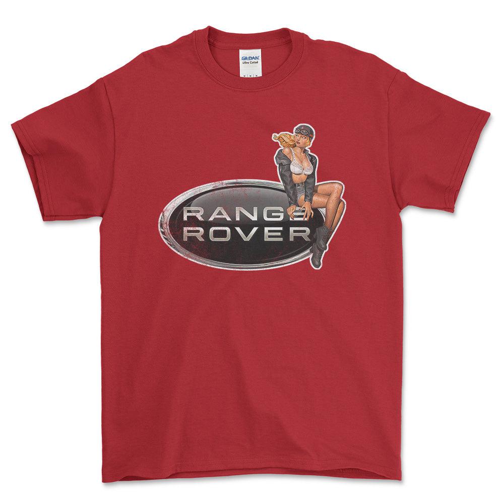 Range Rover Pinup - Unisex T-Shirt , Bomuld-Beklædning-Range Rover-Rød-S-Forside-Garage Culture Shop- garage - man cave - merchandise