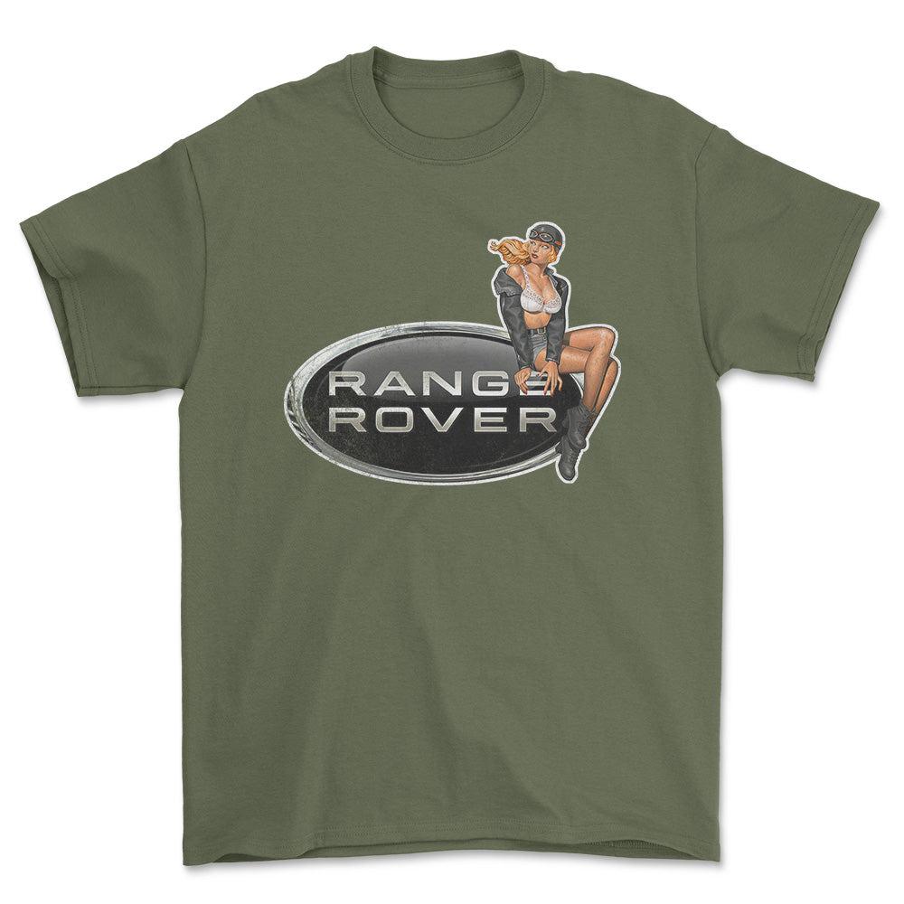 Range Rover Pinup - Unisex T-Shirt , Bomuld-Beklædning-Range Rover-Grøn Militær-S-Forside-Garage Culture Shop- garage - man cave - merchandise