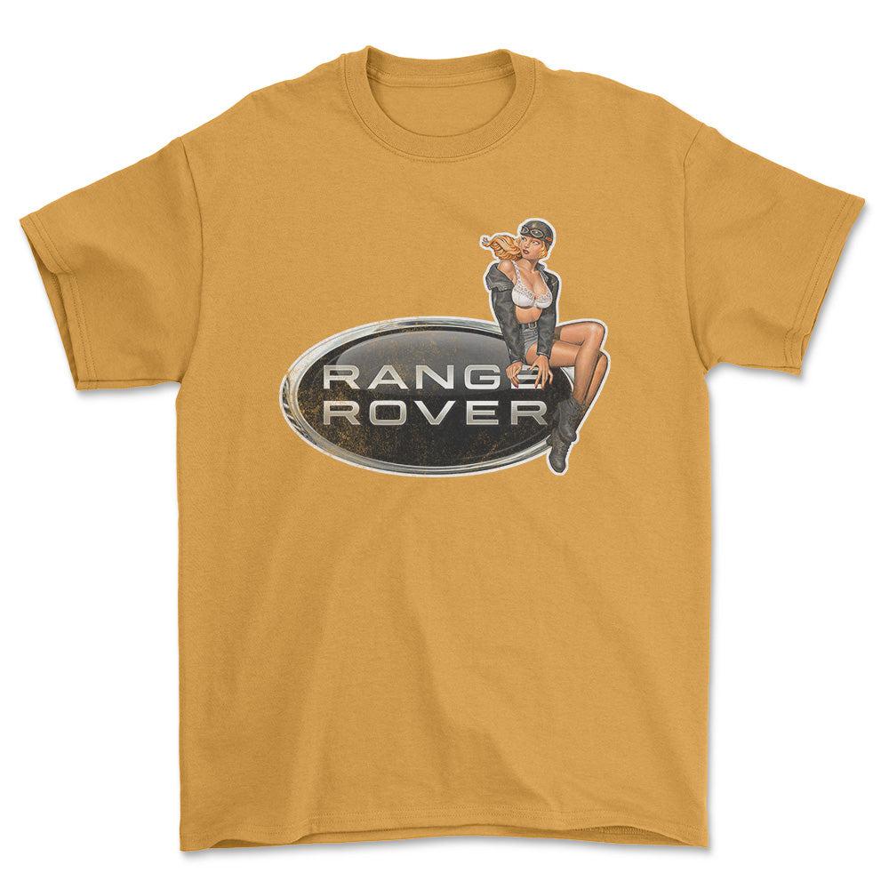 Range Rover Pinup - Unisex T-Shirt , Bomuld-Beklædning-Range Rover-Guld-S-Forside-Garage Culture Shop- garage - man cave - merchandise