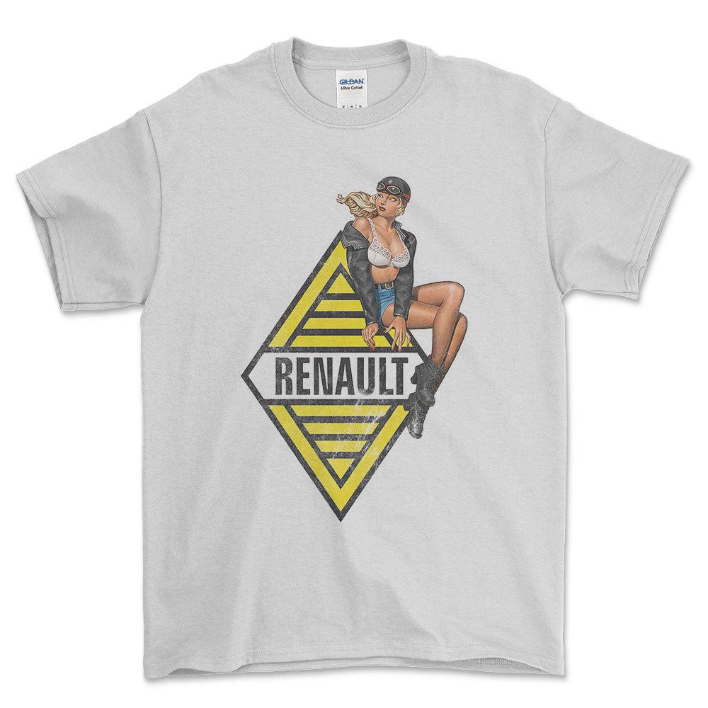 Renault Pinup - Unisex T-Shirt , Bomuld-Beklædning-Renault-Hvid-S-Forside-Garage Culture Shop- garage - man cave - merchandise